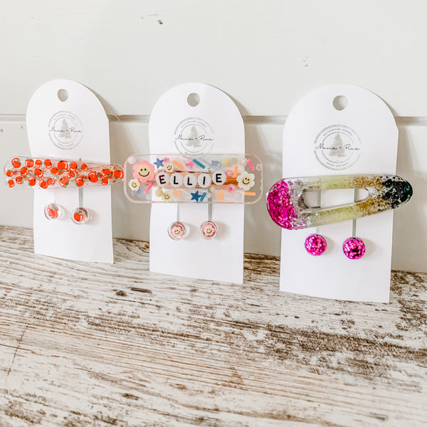 Happy Go Lucky Custom Hair Clip and Earring Set